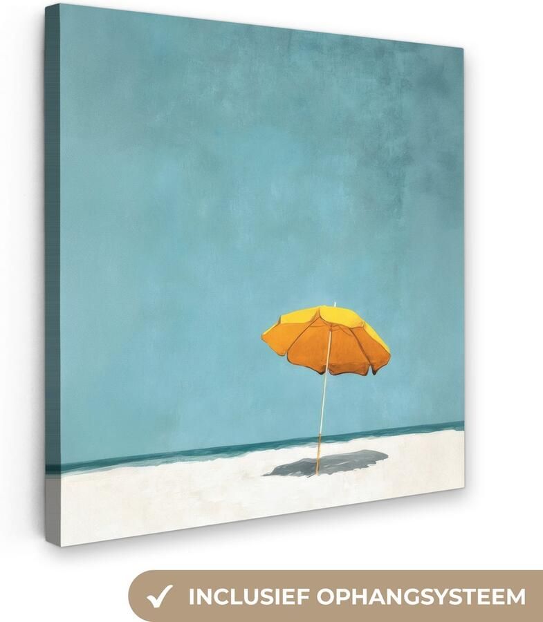 OneMillionCanvasses Canvas schilderij 90x90 cm Exclusieve wanddecoratie Parasol Geel Strand Zee Muurdecoratie woonkamer Slaapkamer decoratie Kamer accessoires Schilderijen op canvas