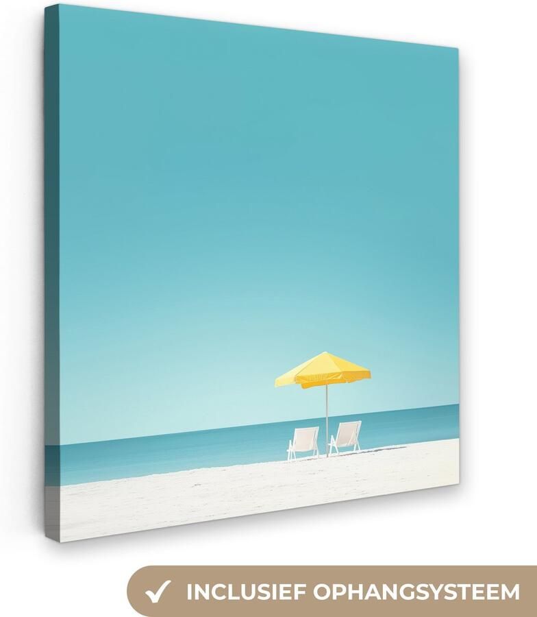 OneMillionCanvasses Canvas schilderij 90x90 cm Exclusieve wanddecoratie Strand Blauwe lucht Geel Parasol Muurdecoratie woonkamer Slaapkamer decoratie Kamer accessoires Schilderijen op canvas