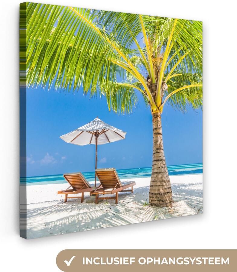 OneMillionCanvasses Canvas schilderij 20x20 cm Wanddecoratie Palmboom Strandstoel Parasol Muurdecoratie woonkamer Slaapkamer decoratie Kamer accessoires Schilderijen op canvas
