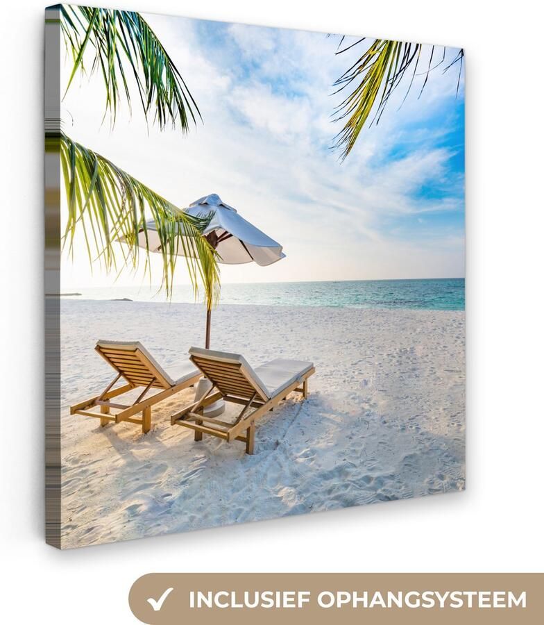 OneMillionCanvasses Canvas schilderij 20x20 cm Wanddecoratie Strandstoel Parasol Zonsondergang Muurdecoratie woonkamer Slaapkamer decoratie Kamer accessoires Schilderijen op canvas