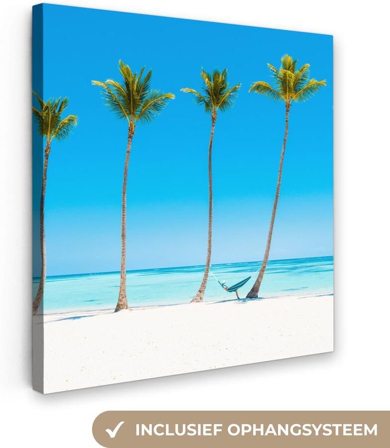 OneMillionCanvasses Canvas schilderij 90x90 cm Wanddecoratie Zee Palmbomen Hangmat Muurdecoratie woonkamer Slaapkamer decoratie Kamer accessoires Schilderijen op canvas