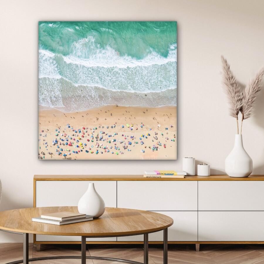 OneMillionCanvasses Canvas schilderij 90x90 cm Wanddecoratie Zee Strand Parasols Water Zomer Muurdecoratie woonkamer Slaapkamer decoratie Kamer accessoires Schilderijen op canvas