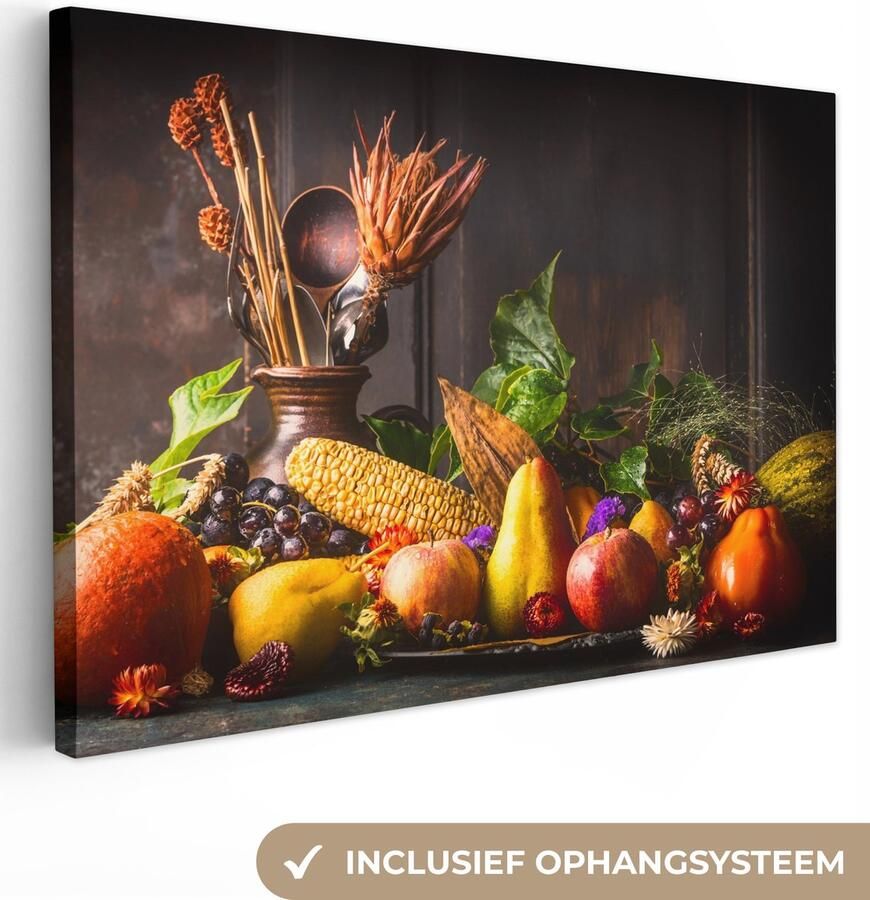 OneMillionCanvasses Canvas Schilderij Groente Fruit Rustiek Tafel 120x80 cm Wanddecoratie