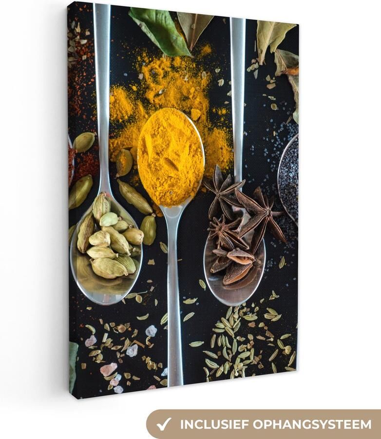 OneMillionCanvasses Canvas Schilderij Lepel Specerijen Kruiden Eten Tafel 20x30 cm Wanddecoratie