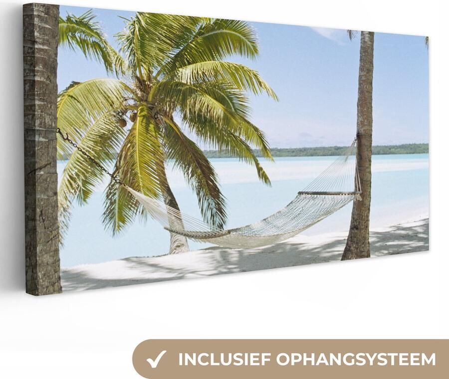 OneMillionCanvasses Canvas Schilderij Palmboom Hangmat Zand 80x40 cm Wanddecoratie