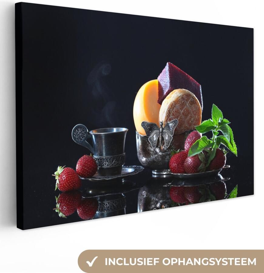 OneMillionCanvasses Canvas Schilderij Rustiek Fruit Kaas Tafel Stilleven 30x20 cm Wanddecoratie