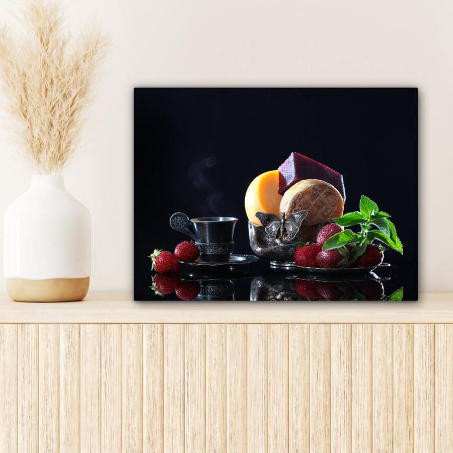 OneMillionCanvasses Canvas Schilderij Rustiek Fruit Kaas Tafel Stilleven 40x30 cm Wanddecoratie