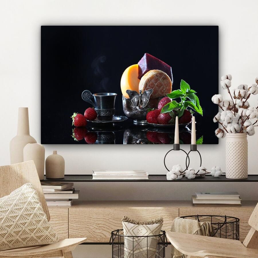 OneMillionCanvasses Canvas Schilderij Rustiek Fruit Kaas Tafel Stilleven 60x40 cm Wanddecoratie