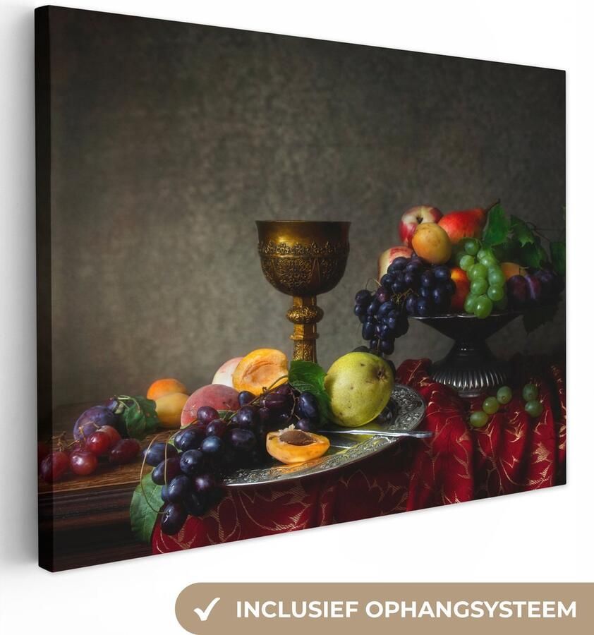 OneMillionCanvasses Canvas Schilderij Rustiek Tafel Fruit Stilleven Beker 120x90 cm Wanddecoratie