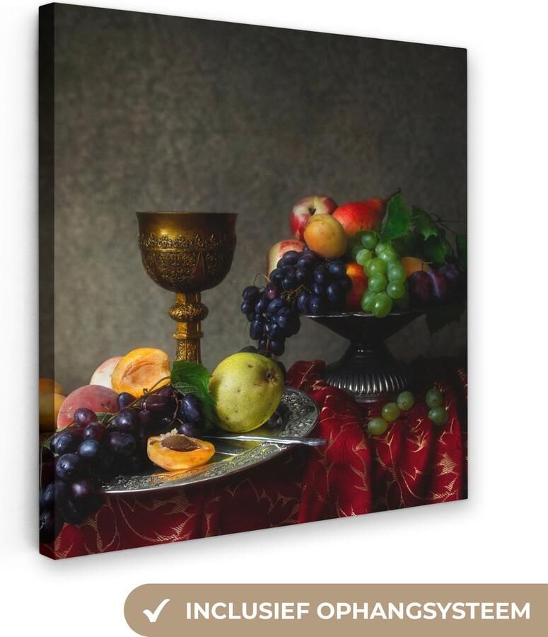 OneMillionCanvasses Canvas Schilderij Rustiek Tafel Fruit Stilleven Beker 20x20 cm Wanddecoratie