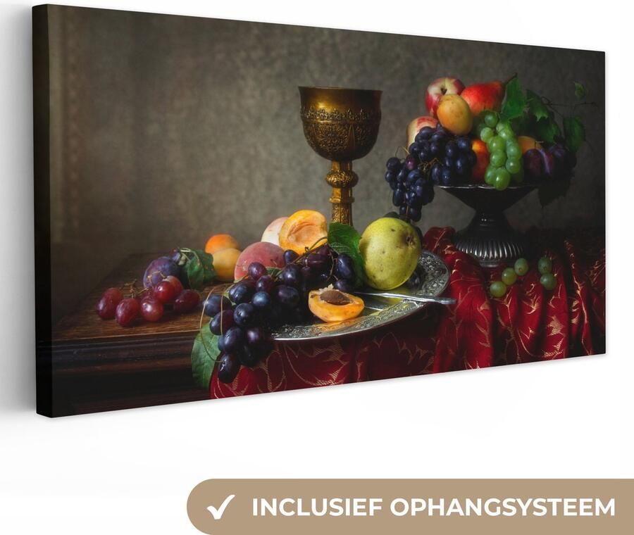 OneMillionCanvasses Canvas Schilderij Rustiek Tafel Fruit Stilleven Beker 40x20 cm Wanddecoratie