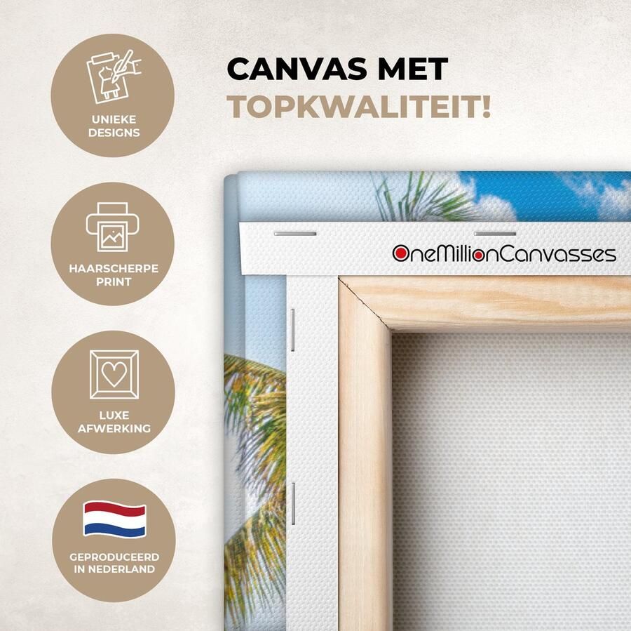 OneMillionCanvasses Canvas schilderij 120x80 cm Wanddecoratie Strand Ligbed Palmbomen Muurdecoratie woonkamer Slaapkamer decoratie Kamer accessoires Schilderijen op canvas