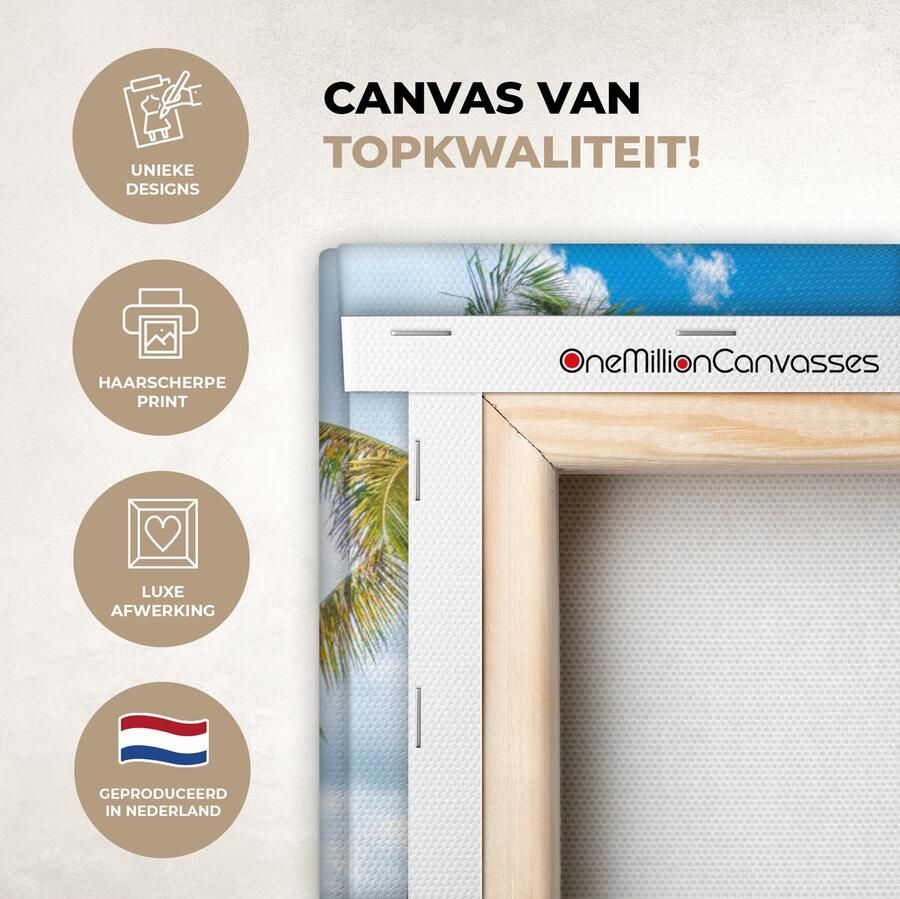 OneMillionCanvasses Canvas schilderij 60x40 cm Wanddecoratie Strand Ligbed Palmbomen Muurdecoratie woonkamer Slaapkamer decoratie Kamer accessoires Schilderijen op canvas