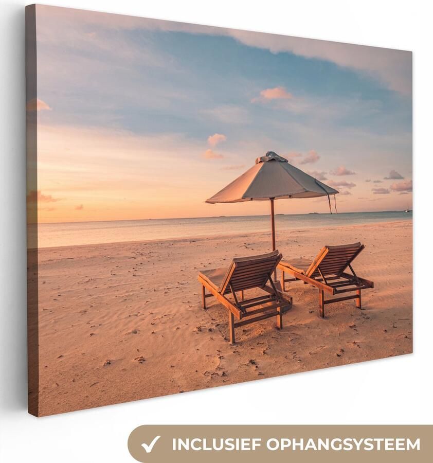 OneMillionCanvasses Canvas schilderij 120x90 cm Wanddecoratie Strand Ligbed Parasol Muurdecoratie woonkamer Slaapkamer decoratie Kamer accessoires Schilderijen op canvas
