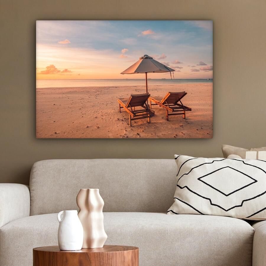OneMillionCanvasses Canvas schilderij 60x40 cm Wanddecoratie Strand Ligbed Parasol Muurdecoratie woonkamer Slaapkamer decoratie Kamer accessoires Schilderijen op canvas