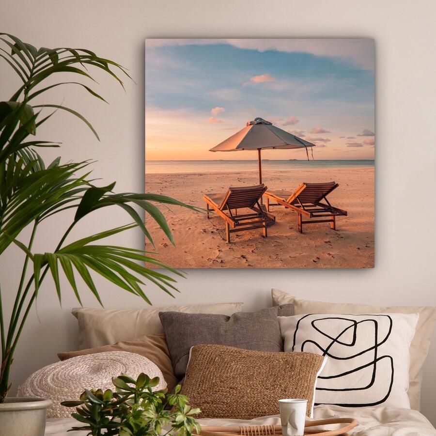 OneMillionCanvasses Canvas schilderij 90x90 cm Wanddecoratie Strand Ligbed Parasol Muurdecoratie woonkamer Slaapkamer decoratie Kamer accessoires Schilderijen op canvas - Foto 2