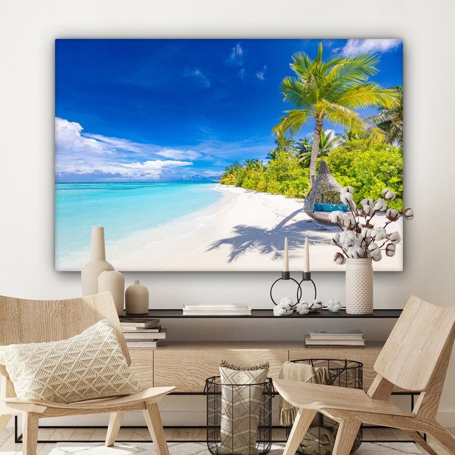 OneMillionCanvasses Canvas schilderij 120x80 cm Wanddecoratie Strand Palm Hangstoel Muurdecoratie woonkamer Slaapkamer decoratie Kamer accessoires Schilderijen op canvas