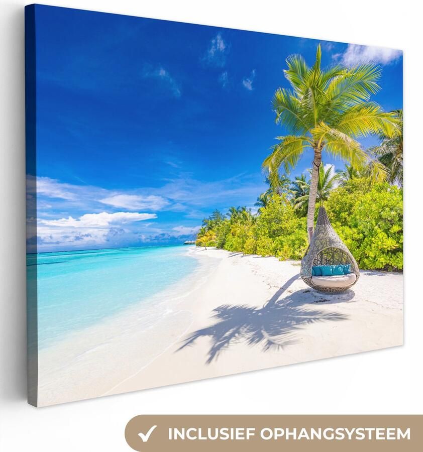 OneMillionCanvasses Canvas schilderij 40x30 cm Wanddecoratie Strand Palm Hangstoel Muurdecoratie woonkamer Slaapkamer decoratie Kamer accessoires Schilderijen op canvas