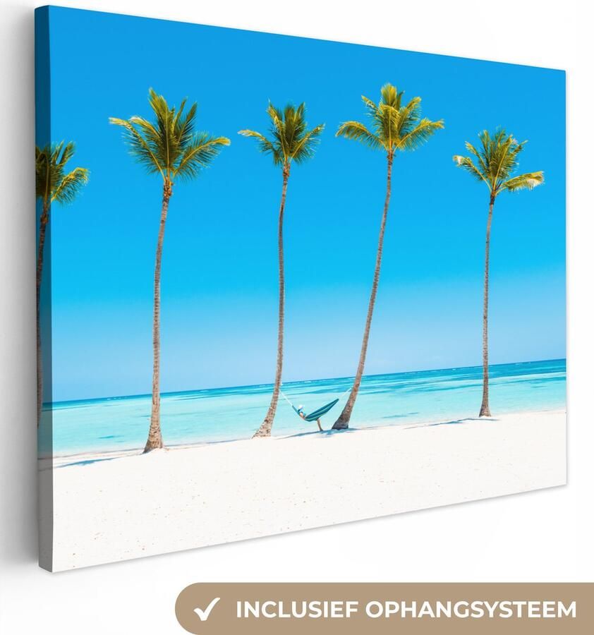 OneMillionCanvasses Canvas schilderij 160x120 cm Wanddecoratie Zee Palmbomen Hangmat Muurdecoratie woonkamer Slaapkamer decoratie Kamer accessoires Schilderijen op canvas