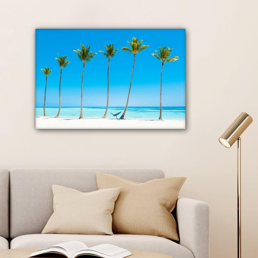 OneMillionCanvasses Canvas schilderij 60x40 cm Wanddecoratie Zee Palmbomen Hangmat Muurdecoratie woonkamer Slaapkamer decoratie Kamer accessoires Schilderijen op canvas