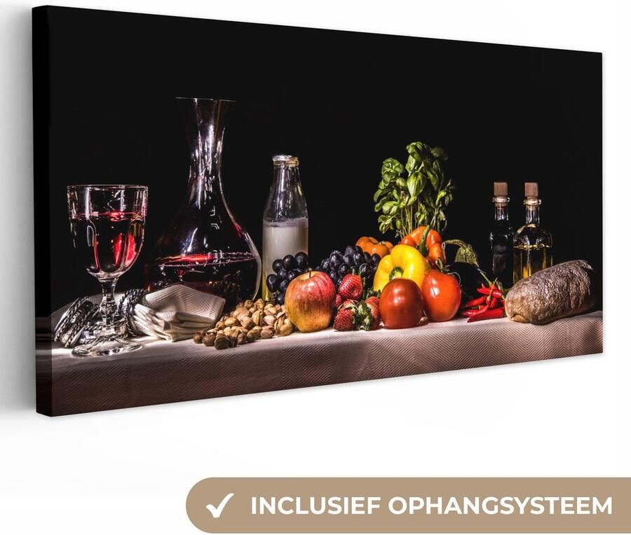 OneMillionCanvasses Stilleven schilderij Eten en drinken Tafel Kleed Wijn Canvas stilleven Schilderij stilleven Wanddecoratie 40x20 cm