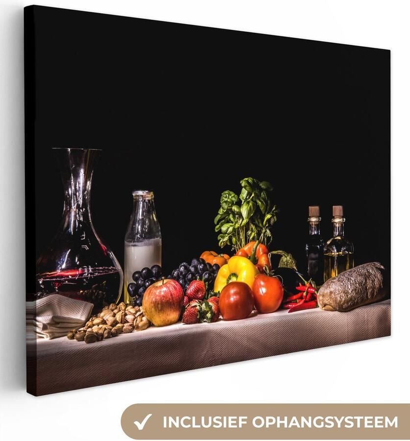 OneMillionCanvasses Stilleven schilderij Eten en drinken Tafel Kleed Wijn Canvas stilleven Schilderij stilleven Wanddecoratie 160x120 cm