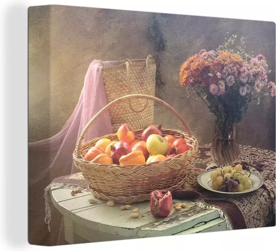 OneMillionCanvasses Stilleven schilderij Bloemen Boeket Fruit Appels Druiven Tafel Kleed Rieten mand Canvas stilleven Wanddecoratie 120x90 cm