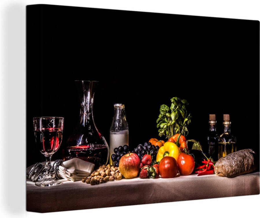 OneMillionCanvasses Stilleven schilderij Eten en drinken Tafel Kleed Wijn Canvas stilleven Schilderij stilleven Wanddecoratie 140x90 cm