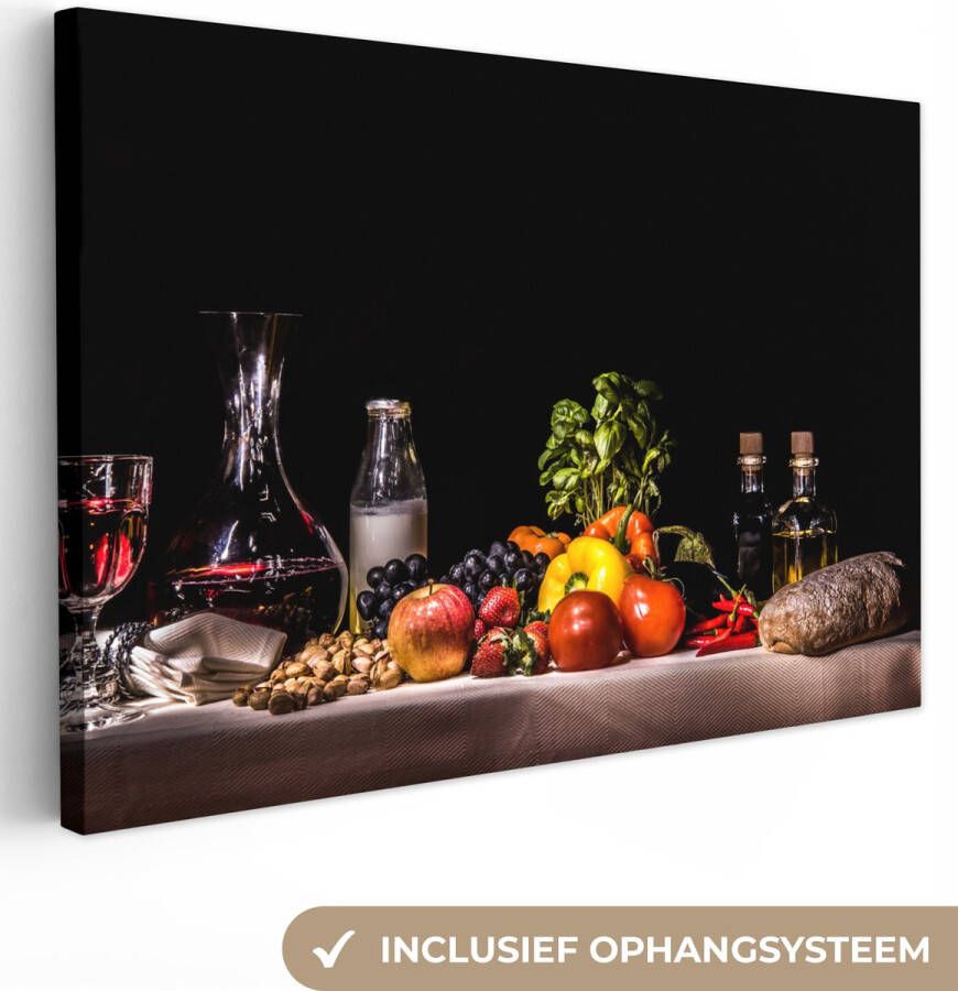 OneMillionCanvasses Stilleven schilderij Eten en drinken Tafel Kleed Wijn Canvas stilleven Schilderij stilleven Wanddecoratie 120x80 cm