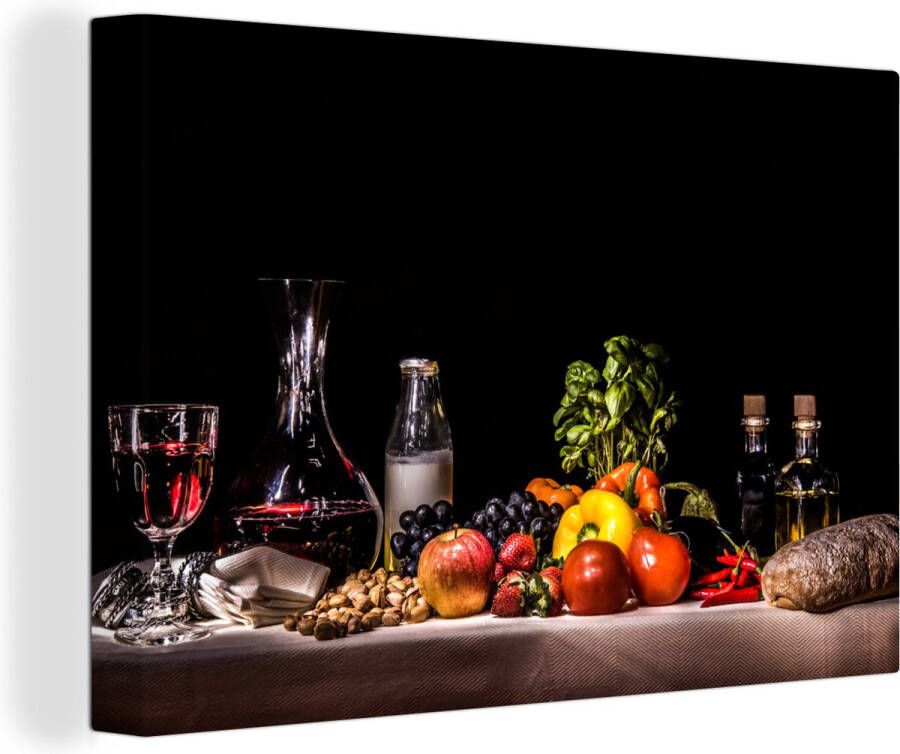 OneMillionCanvasses Stilleven schilderij Eten en drinken Tafel Kleed Wijn Canvas stilleven Schilderij stilleven Wanddecoratie 150x100 cm