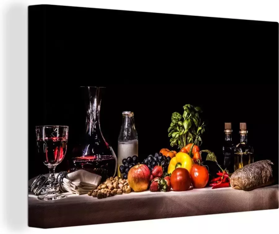 OneMillionCanvasses Stilleven schilderij Eten en drinken Tafel Kleed Wijn Canvas stilleven Schilderij stilleven Wanddecoratie 30x20 cm