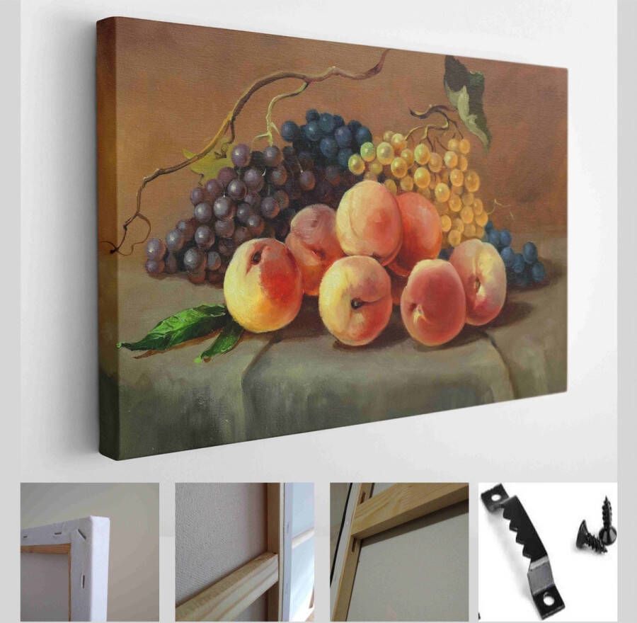 Onlinecanvas Rijpe sappige perziken en druiven op tafel handgemaakt schilderij olieverf op doek beeldende kunst stilleven eten vegetarisch dessert fruit Modern Art Canvas Horizontaal 1799267272 130*90 Horizontal
