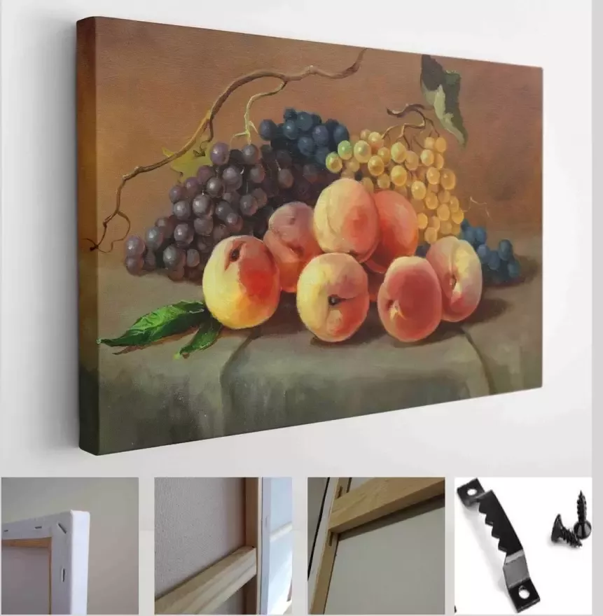 Onlinecanvas Rijpe sappige perziken en druiven op tafel handgemaakt schilderij olieverf op doek beeldende kunst stilleven eten vegetarisch dessert fruit Modern Art Canvas Horizontaal 1799267272