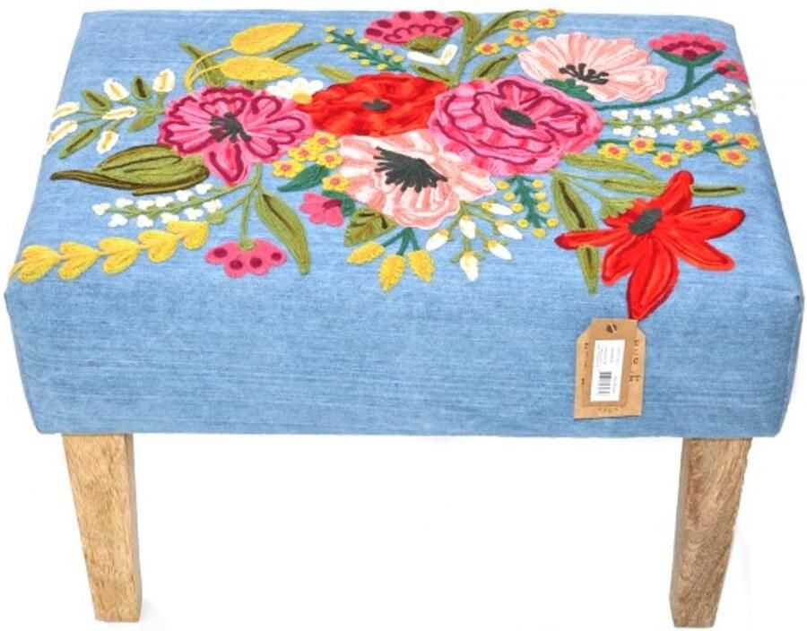 Only natural denim blauw voetenbankje met gekleurde geborduurde bloemen 35 x 50 x 52 cm