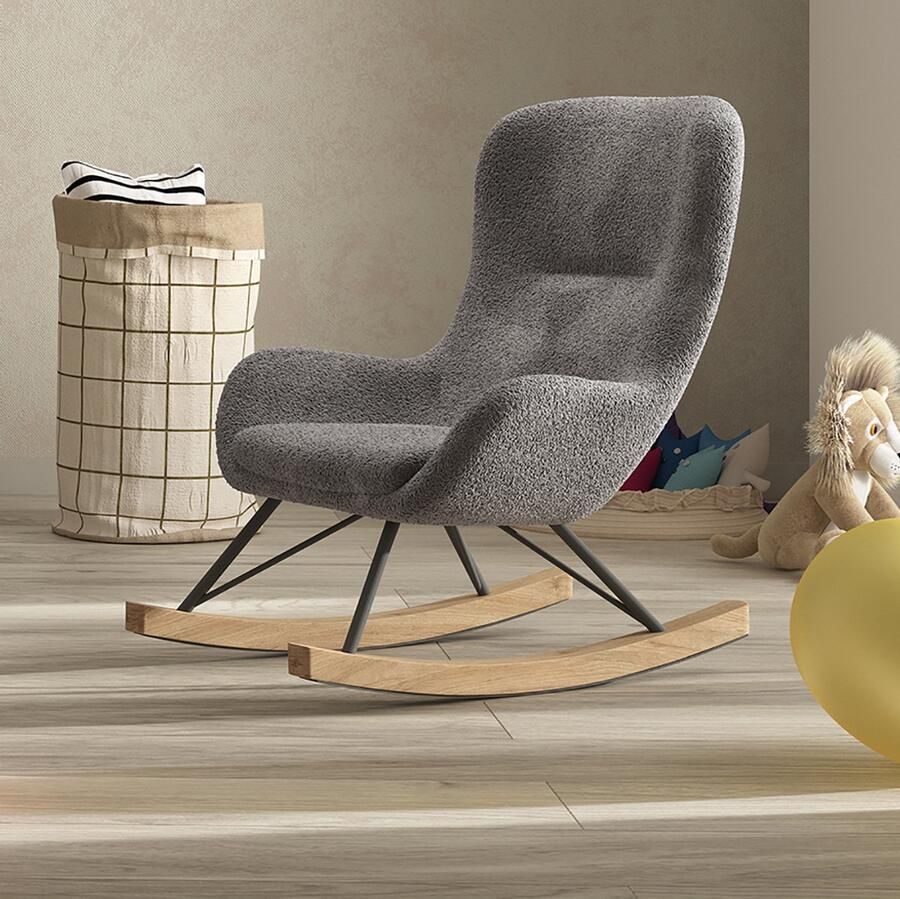 Vipack Schommelstoel Rocky in fluffy bouclé stof slede van massief beukenhout Kinder schommelstoel voor rustgevend schommelen twee kleuren