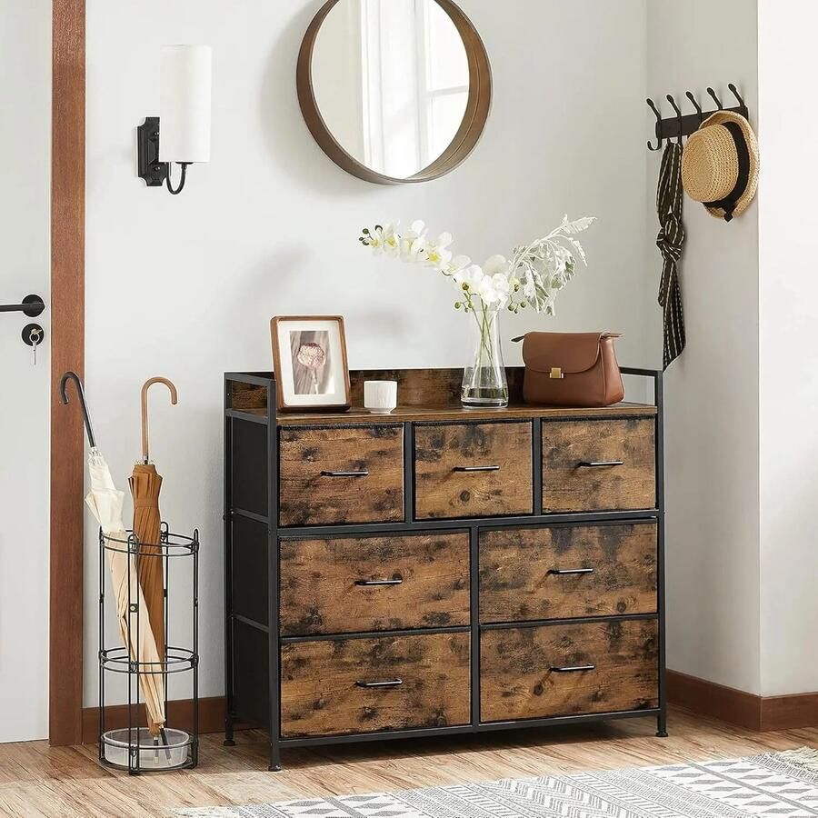 OOG Multifunctioneel Dressoir 7 Laden 4 grote & 3 klein Verstelbare Poten Stabiliteit Creëren & Kantelbeveiliging- Commode Kast 7 Laden & Handgrepen Metalen Ink Zwart Frame Bruin Modern Design- TV Kledingkast- Slaapkamer Gangkast 28 5x98x85 cm Max 71KG