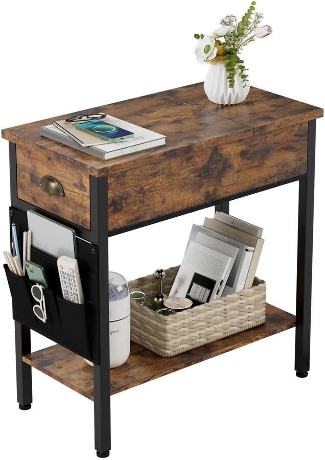 OOG Multifunctioneel Bijzettafel+ Lade+ Onderste Plank+ Verwijderbare Stoffen Tas 60x32x60cm Stevige Constructie Nachtkast Optimale Organisatie 360°Roterende Voetkussens H waardige MDF Robuust Metalen