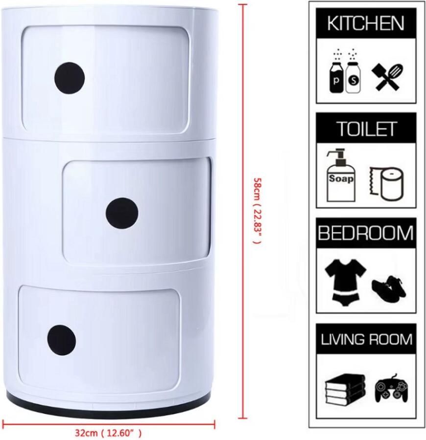 OOG Multifunctioneel Podofo Nordich Nachtkast Stapelbaar Afneembaar Schuifdeur Ruimte Besparend Rond Wit 3 Laden Bijzet Tafel Draagbare Zit Kruk Scandinavisch Stijlvol Japandi Esthetiek Decor Meubel Stabiel Veilig Poef 58cm H 32cm Hightech ABS Zijkast