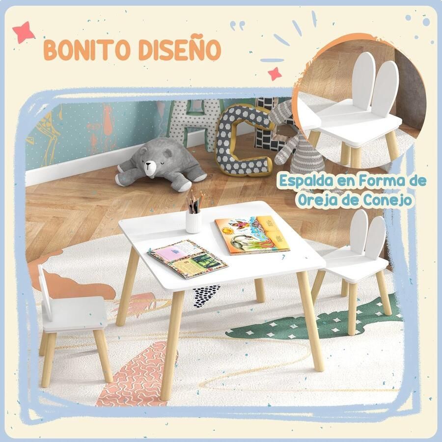 OOG Multifunctionele Kindertafel Set 2 Kinderstoelen met Vierkante Grote Tafel 60x60cm Eethoek Set met Konijnenoren Stijl & Functionaliteit voor de Kinderkamer & Speelruimte- Massief Houten Poten Strak Vormgegeven Tafel- en Stoelencombinatie- Wit
