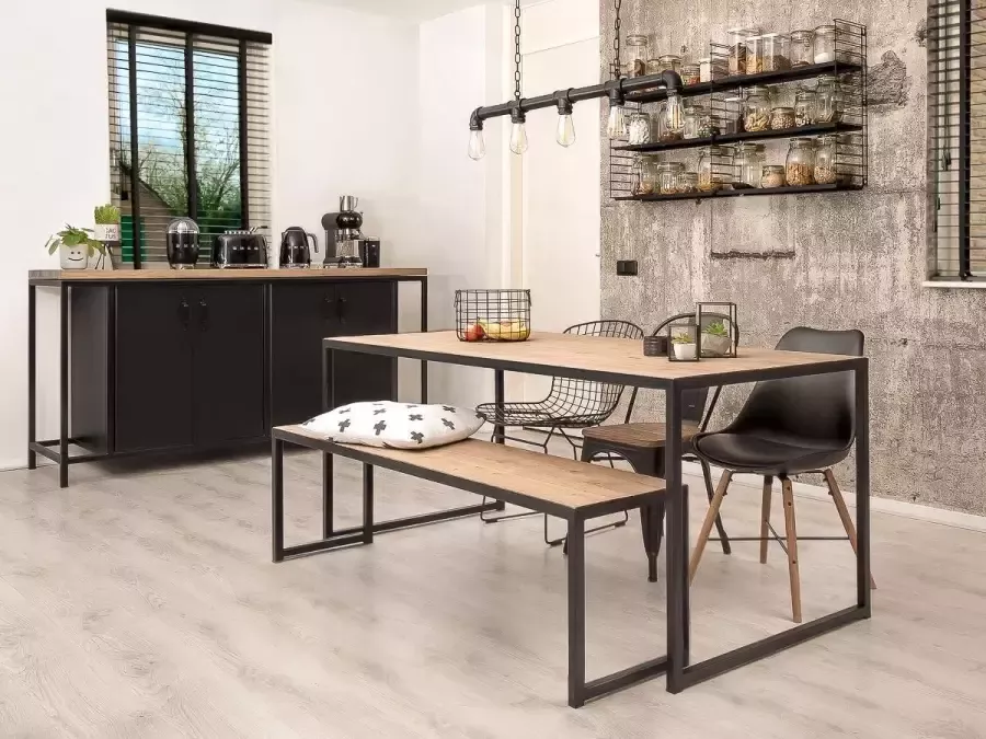 Wibema Meubelen Industriële eettafel + bank hout en staal Austin 180 x 80 x 75 cm Handgemaakt