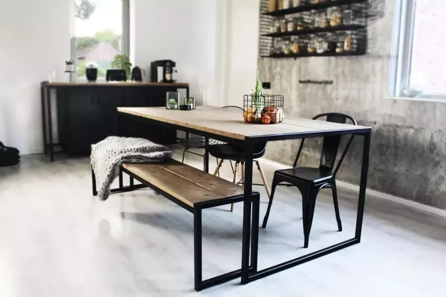 Oost & Dijk Interieur Industriële eettafel + bank hout en metaal Houston 180 x 80 x 75 cm