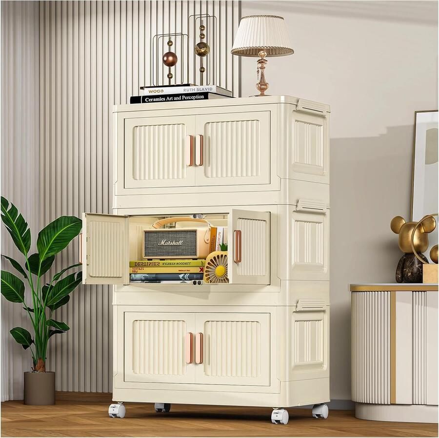 Ophy -grote opbergkast met deur opvouwbare kunststof kast grote opvouwbare stapelbare opbergdoos met wielen voor badkamer slaapkamer woonkamer-55*30*84cm - Foto 2