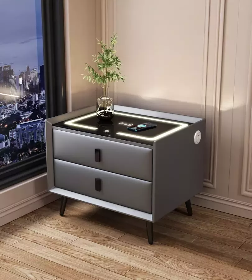 Opline Smart Nachtkastje 2 laden Donkergrijs In elkaar gezet en klaar om te gebruiken 2 USB 1 Type-C en Draadloos je telefoon opladen