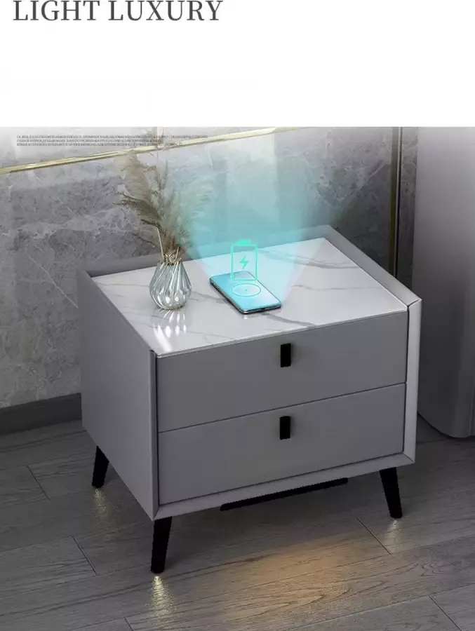 Opline Smart Nachtkast 2 laden Grijs Met Witte Marmer Look In elkaar gezet en klaar om te gebruiken 2 USB 1 Type-C en Draadloos je telefoon opladen