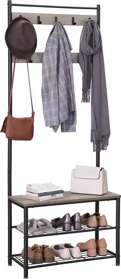 Orion Store garderobe kapstok met schoenendragers industrieel ontwerp schoenendrager met zitje voor de hal met haken 3 schappen gemaakt van hout en metaal vintage grijs-zwart Black Friday