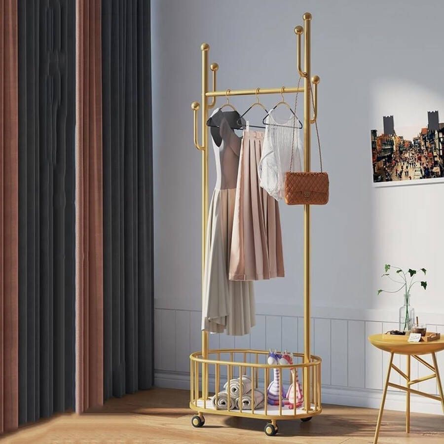 Orion Store Goudkleurig kledingstang goudkleurig metaal kapstok vrijstaand garderobestand hanger met zijhaken en opbergrek voor slaapkamer thuis kantoor binnen (enkele rail)