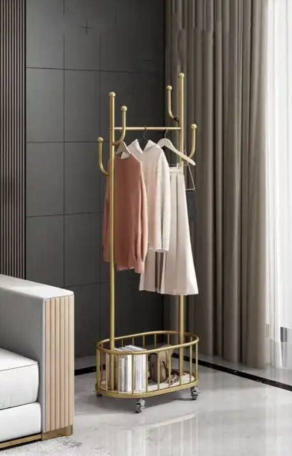 Orion Store Lange Europese kapstok 80cm goud Gouden Kledingrek Gouden Kapstok met opberg mand Multifunctionele kledingrek Thuis Hanger met Ruime Opbergmand Ruime Metalen Hanger en Kledingdisplay Rack 174cm*80cm*33cm