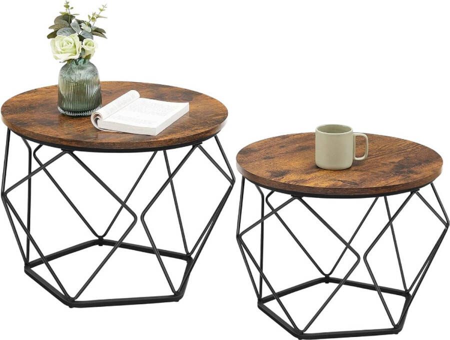 Orion Store Salontafels Set van 2 Bijzettafels Stevig Stalen Frame voor Woonkamer Slaapkamer Vintage Bruin Zwart 50cm x 50cm x 40cm