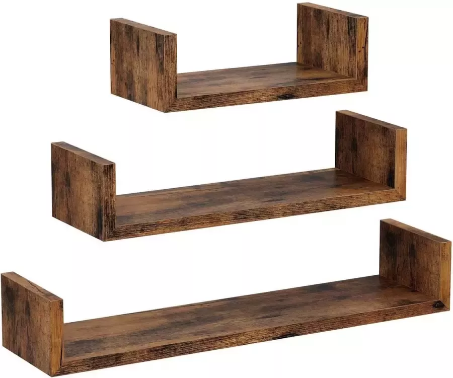 Orion Store Vintage wandrek Industrieel wandrek U-vormige wandplank set van 3 zwevende plank in vintage stijl wandmontage houtlook donkerbruin 15 x 60 x 10cm ( diep * lengte * hoogte ) Black Friday