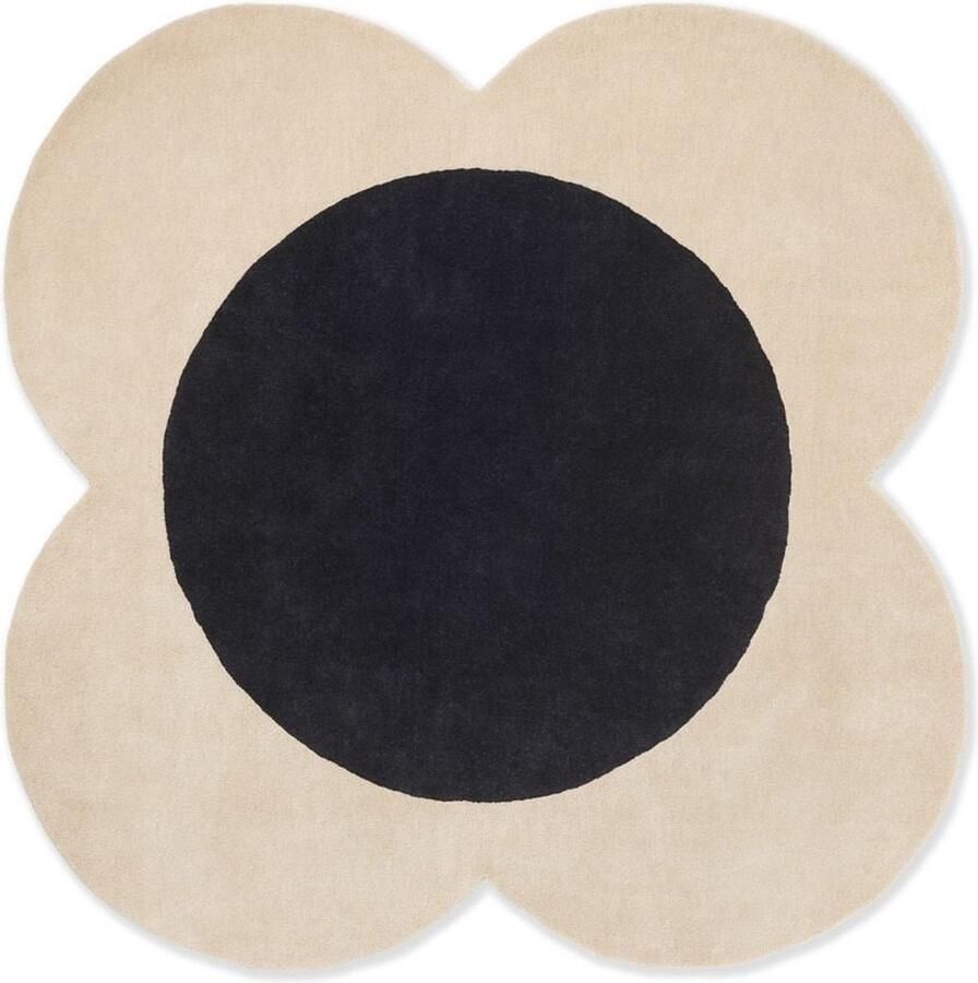 Orla Kiely Flower Spot Ecru Black 158409 Vloerkleed Ø 150 cm Black Organic Wool Dining room Living room Kids room Floral Retro Modern